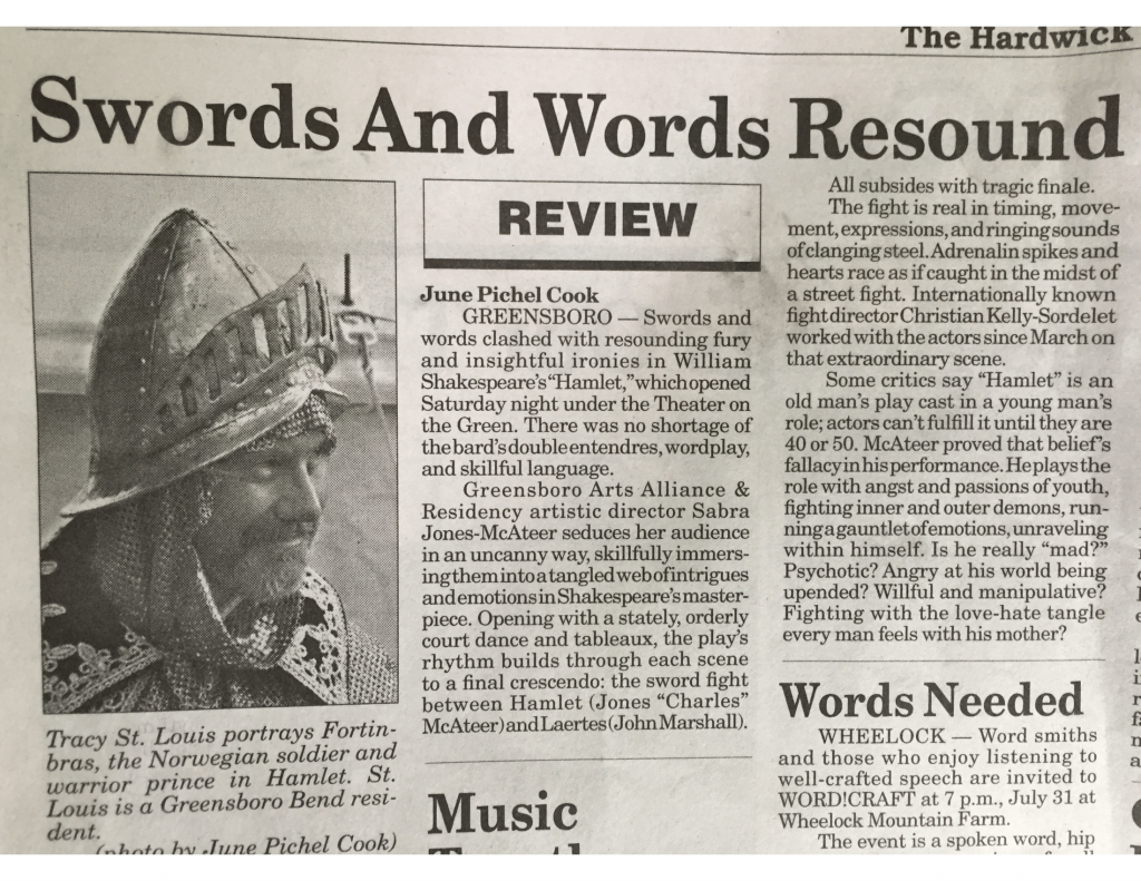 Newspaper clipping about a theater review.