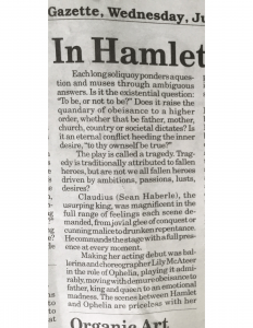 Newspaper article discussing a Hamlet play.