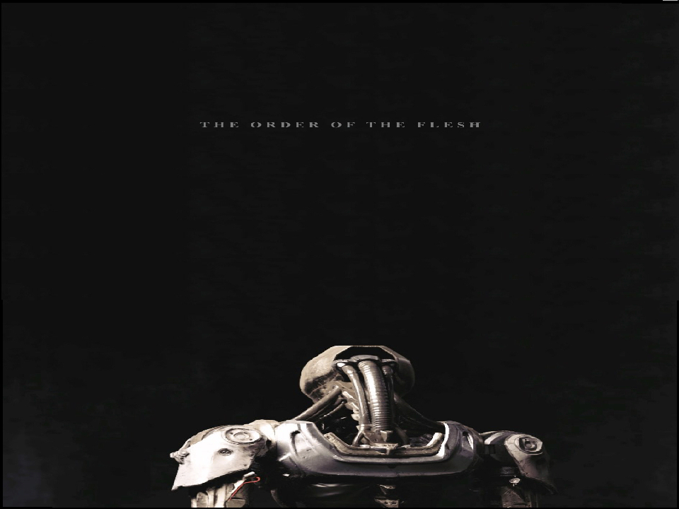 Robot with dark background, text above.