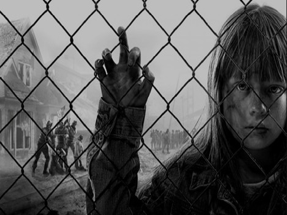 Girl behind fence in dystopian setting.
